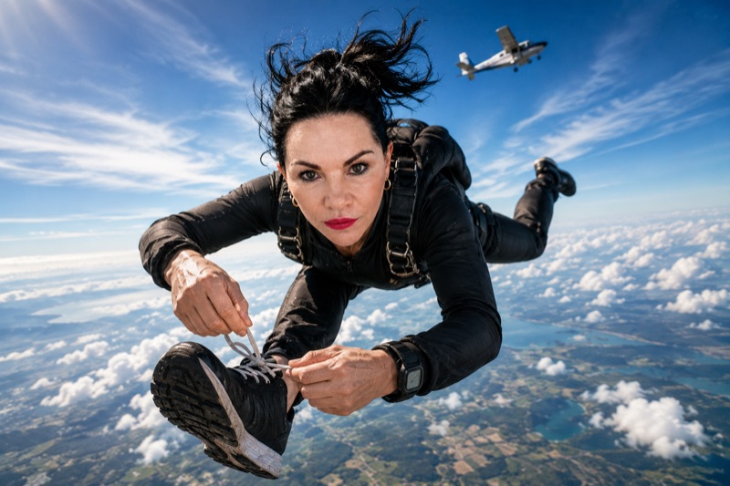 Woman in freefall above the clouds calmly tying her shoelace